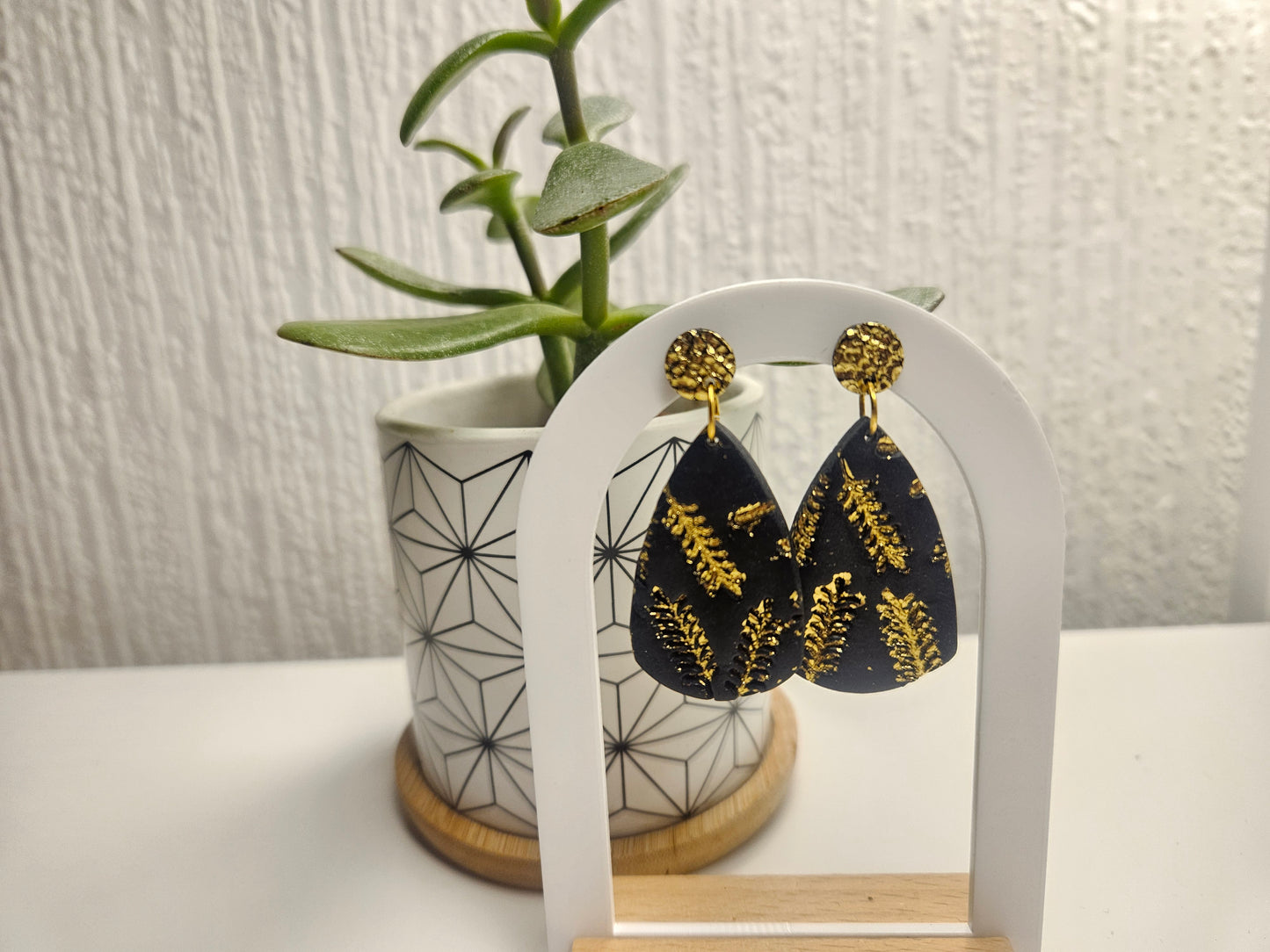 Ink & Gold Fern Teardrop Dangles